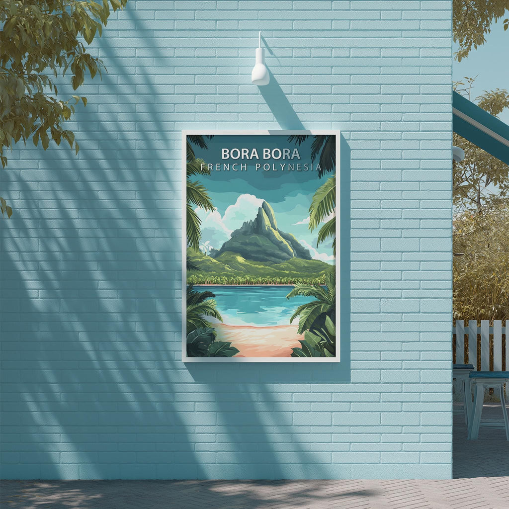 A framed poster of a tropical island landscape, with the text "BORA BORA FRENCH POUTHESIA" prominently displayed.