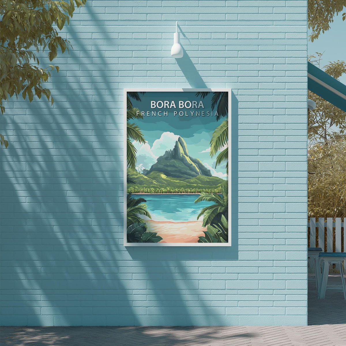 A framed poster of a tropical island landscape, with the text "BORA BORA FRENCH POUTHESIA" prominently displayed.