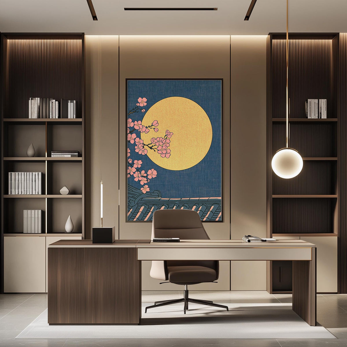 a modern and minimalist office space with a large framed artwork featuring a yellow circle with a pink flower design on the wall. The office has a wooden desk, a chair, and a bookshelf filled with books and decorative items.