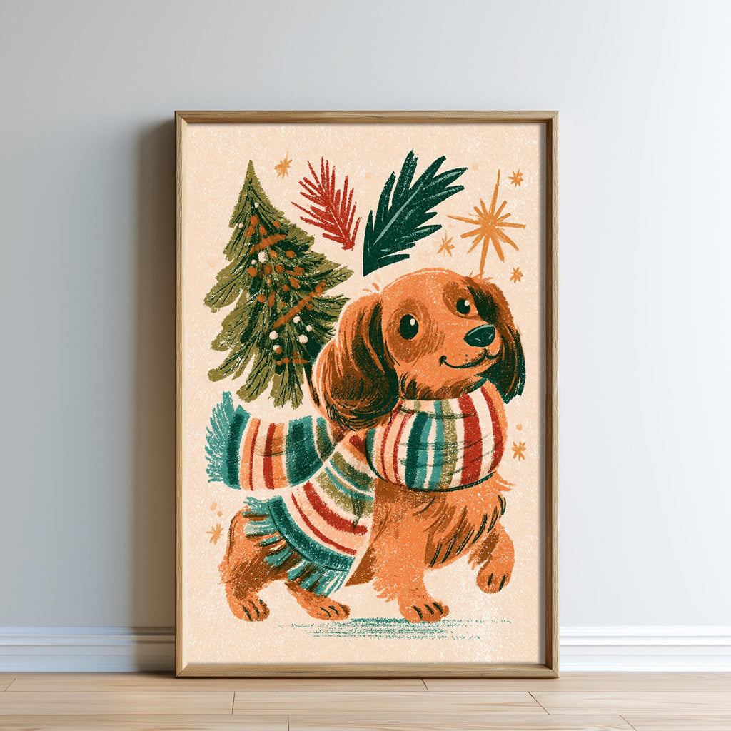 A framed illustration of a dog wearing a colorful scarf, surrounded by festive elements such as a Christmas tree and stars.