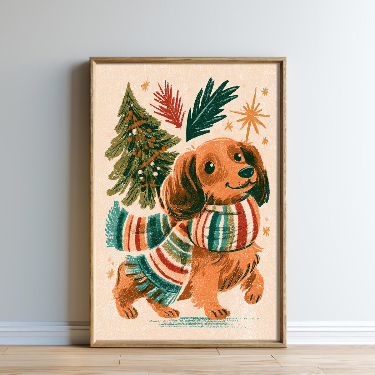 A framed illustration of a dog wearing a colorful scarf, surrounded by festive elements such as a Christmas tree and stars.