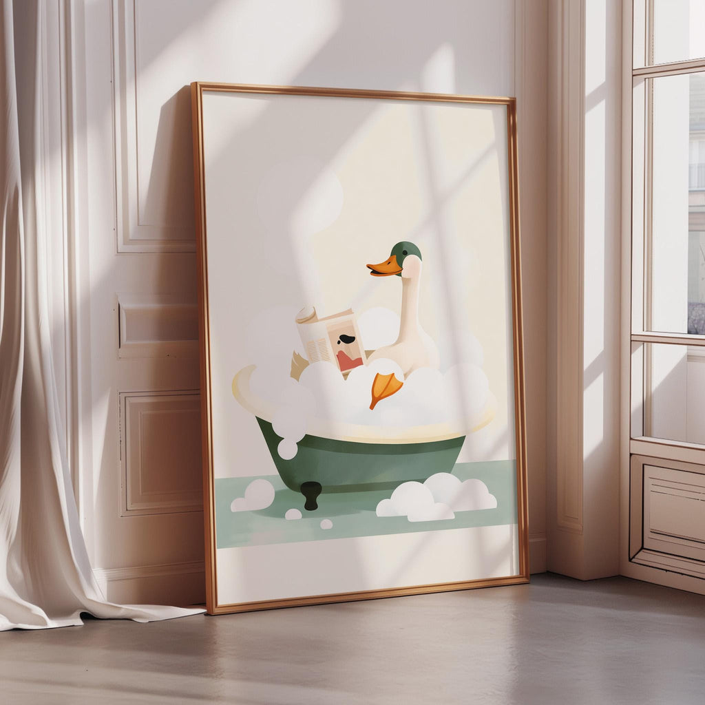 A framed illustration of a duck sitting in a bathtub filled with bubbles.