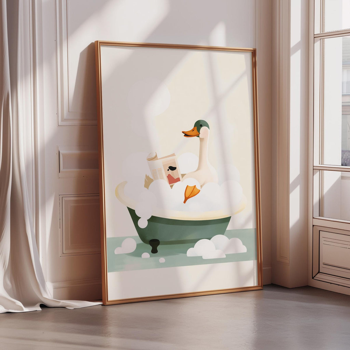 A framed illustration of a duck sitting in a bathtub filled with bubbles.