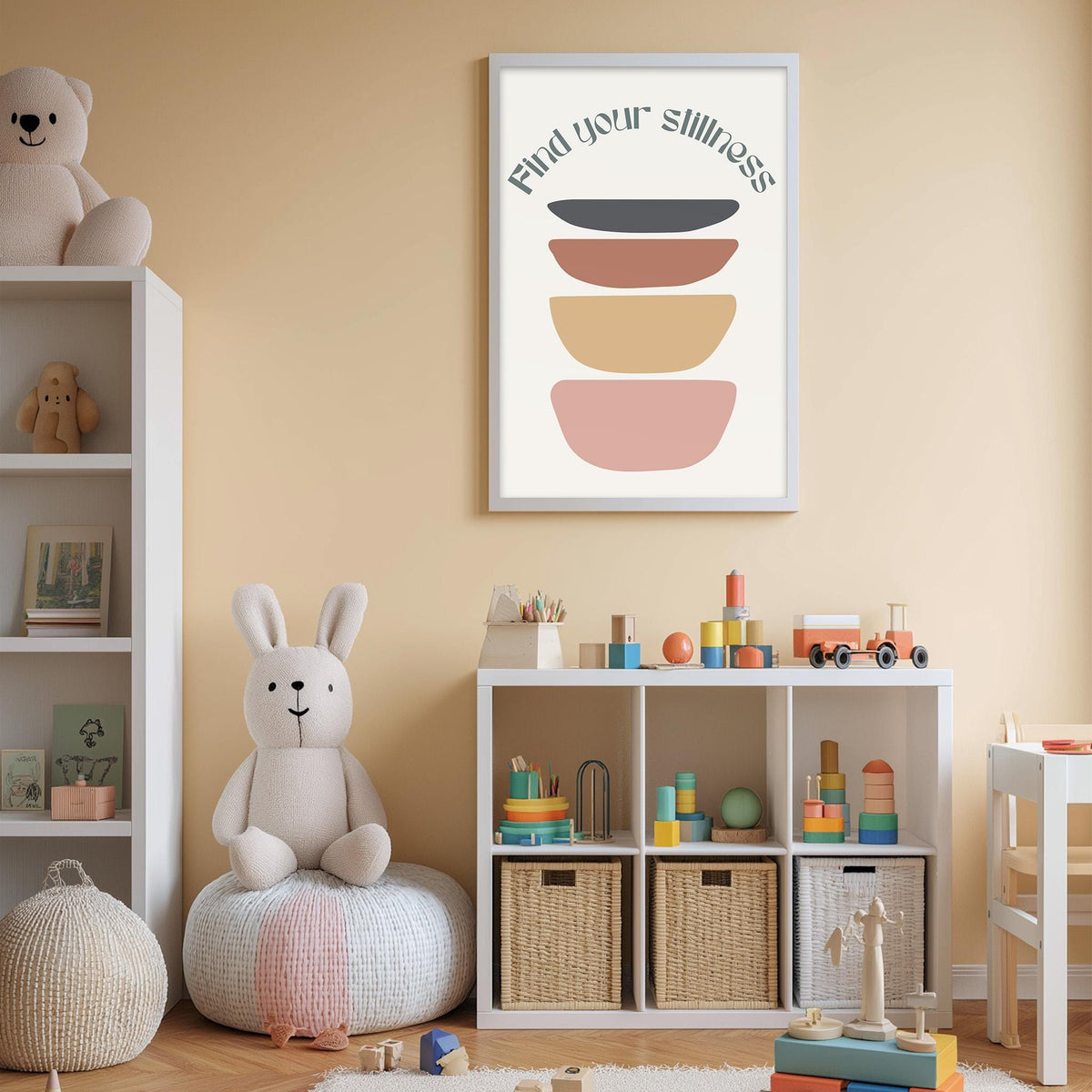 A cozy and colorful children's bedroom with a white bookshelf, a plush rabbit, and a toy train set. The room has a warm and inviting atmosphere, with a framed poster on the wall that reads "Find your silliness".
