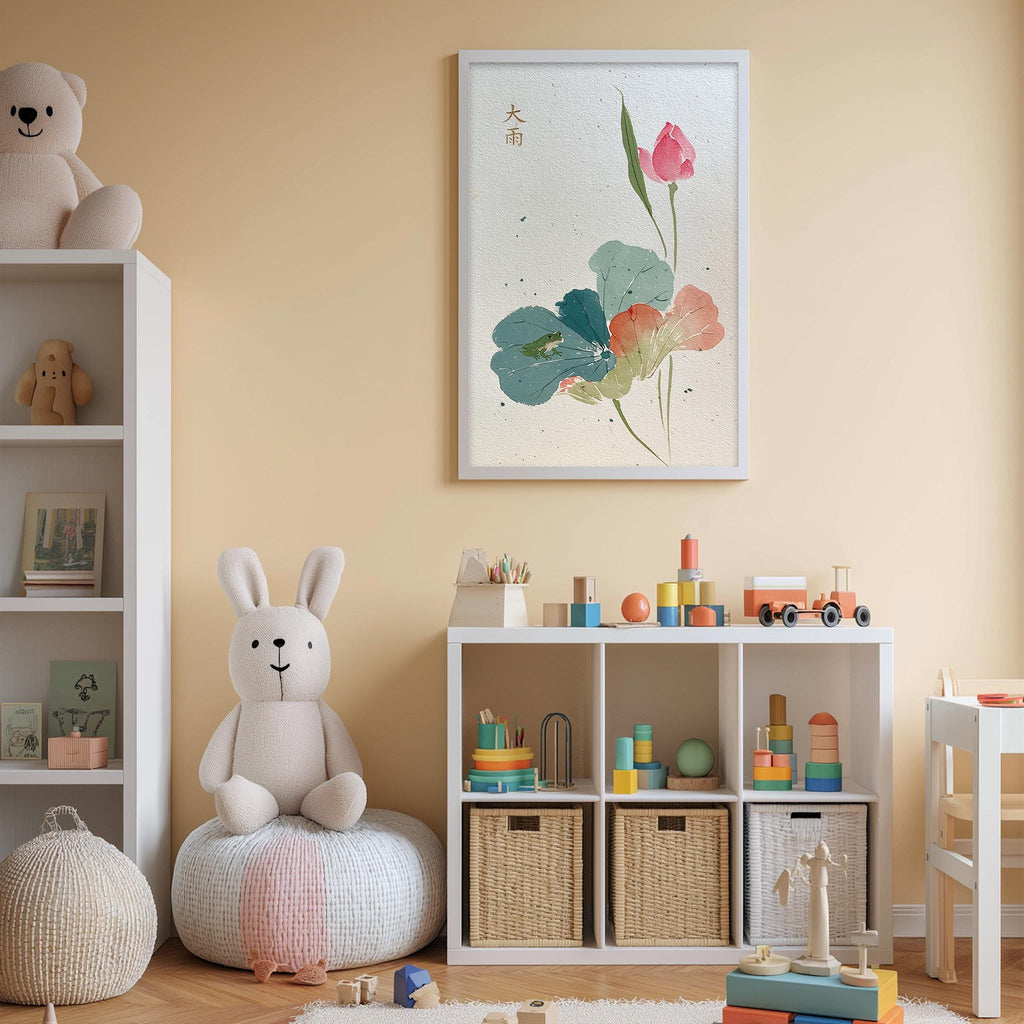 A cozy and colorful children's bedroom with a white bookshelf, a plush rabbit, and a toy train set. The walls are painted a light peach color, and there is a framed artwork of a flower on the wall.