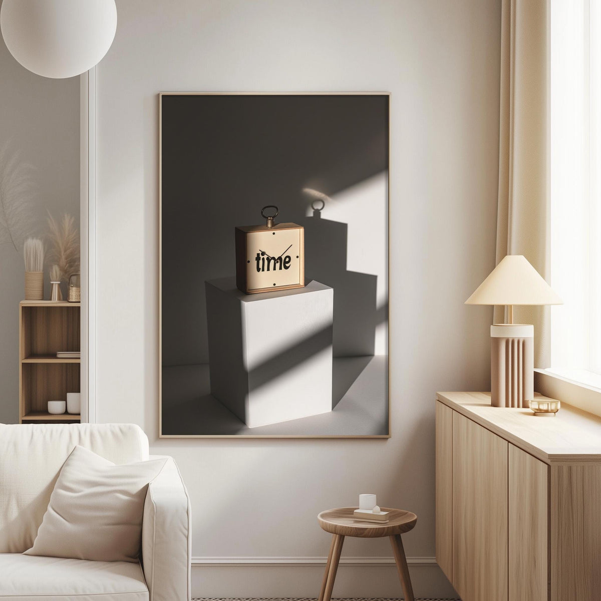 a minimalist living room with a large black and white photograph of a wooden box with the word "time" on it, hanging on the wall. The room also includes a white sofa, a wooden side table, and a lamp on a wooden cabinet.