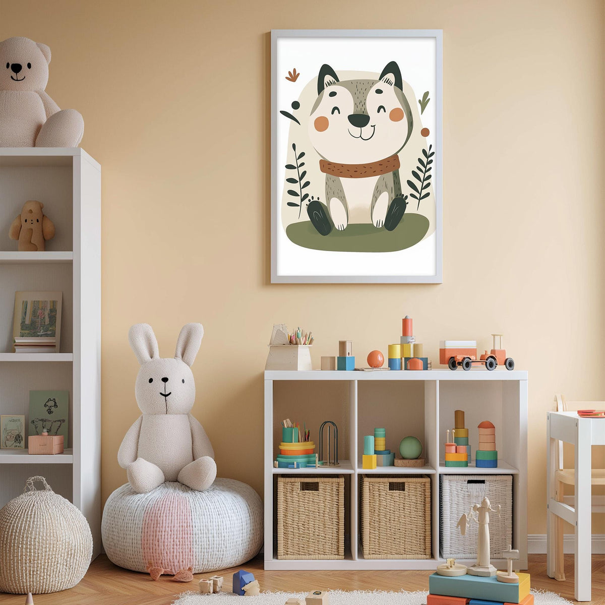 A cozy and colorful children's bedroom with a bookshelf, a plush rabbit, and a toy train set. The walls are painted a light peach color, and there is a framed illustration of a cat on the wall.