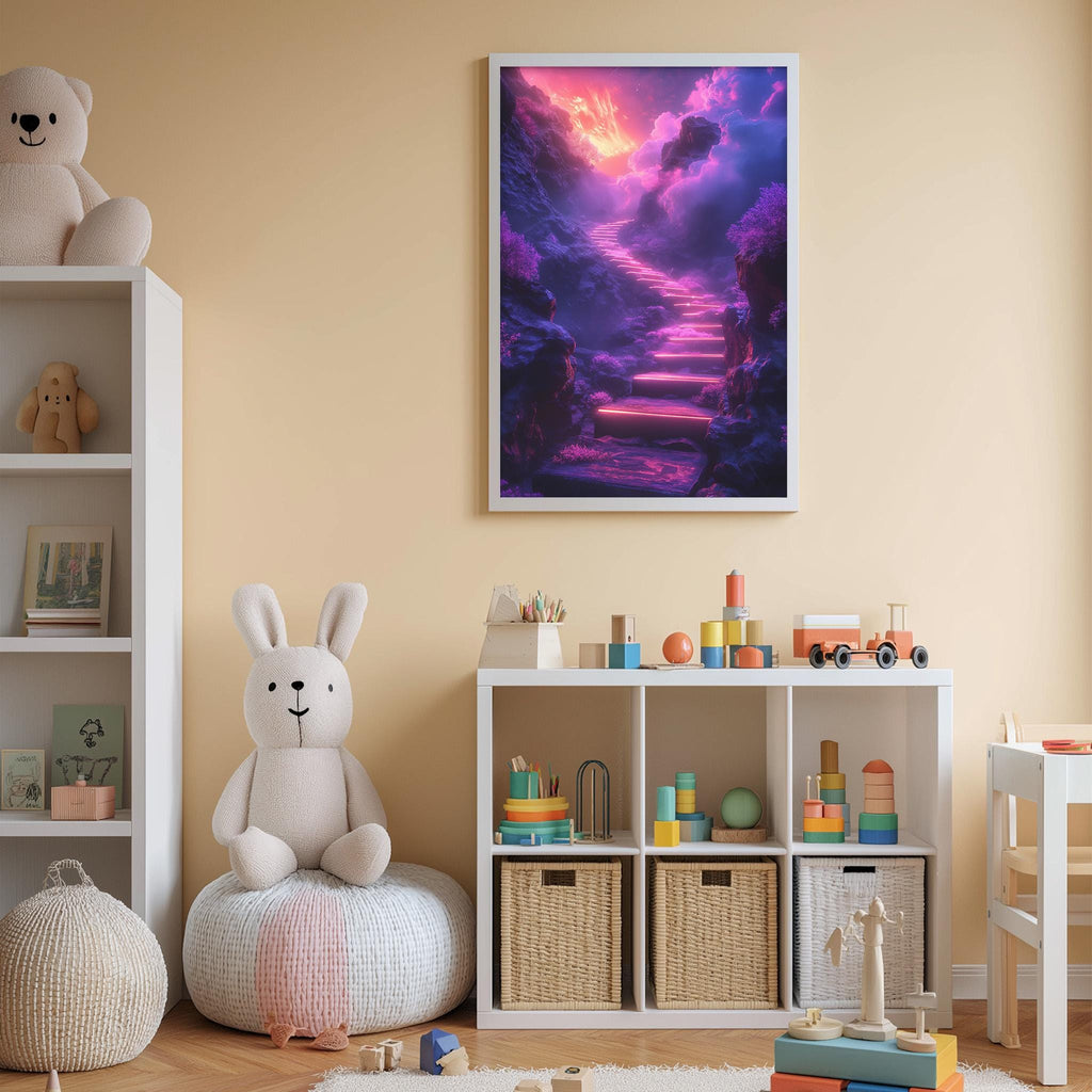 A cozy children's room with a large stuffed bunny, a bookshelf, and a colorful toy box filled with various toys. A framed poster of a fantastical landscape with a rainbow and clouds hangs on the wall above the toy box.