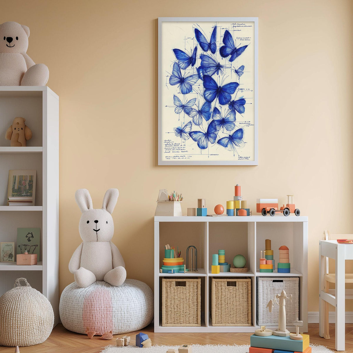 A child's bedroom with a white bookshelf, a stuffed rabbit, and a framed illustration of blue butterflies on the wall.