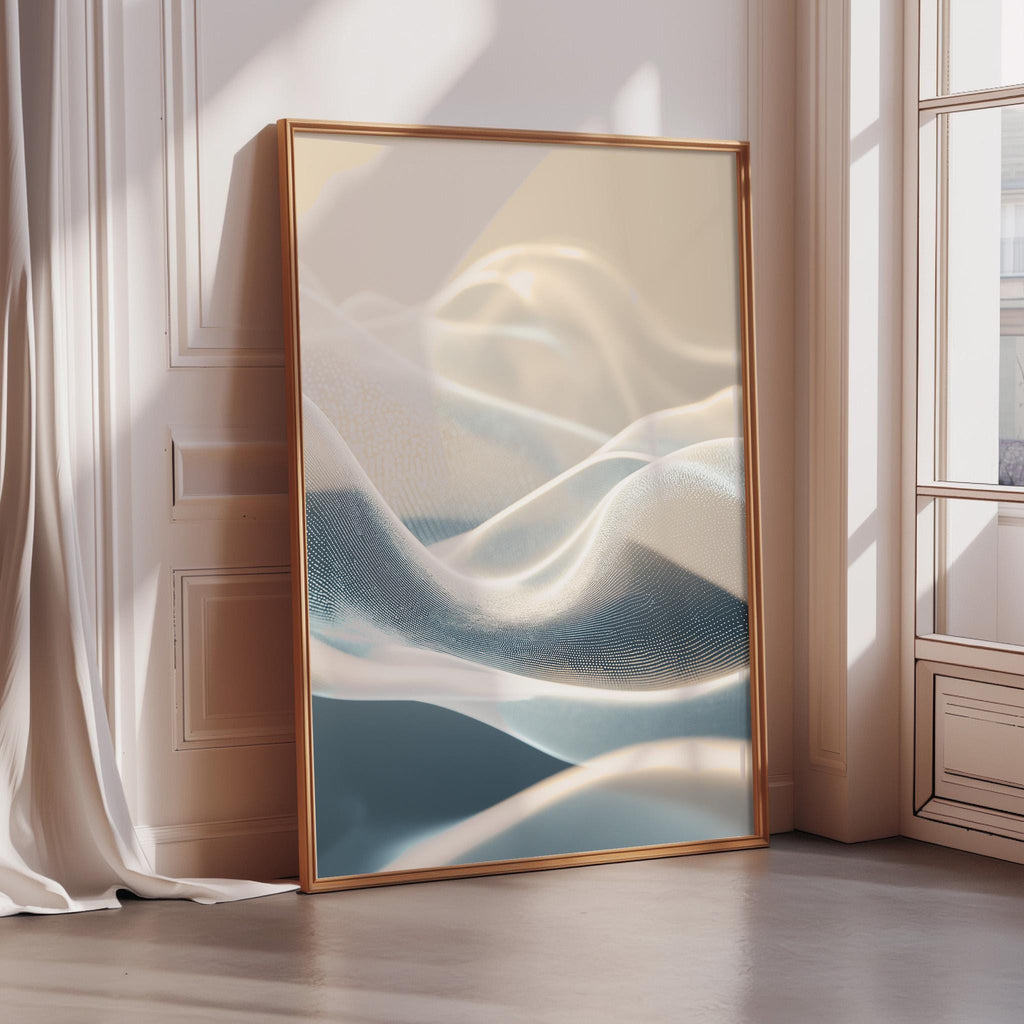 a large, framed artwork depicting a swirling, abstract design in shades of blue and white. The artwork is placed in a corner of a room with a window, creating a serene and artistic atmosphere.