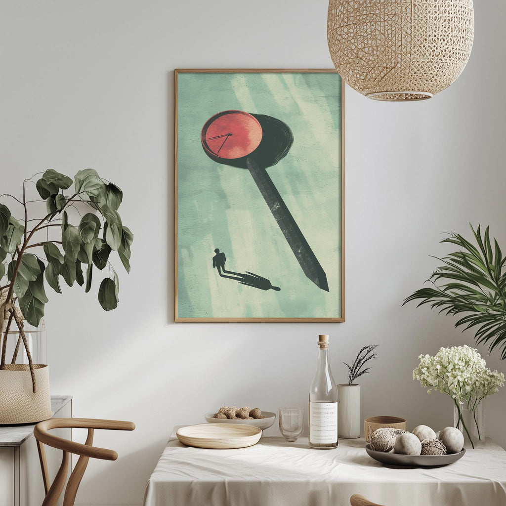 a dining table with a white tablecloth, a bowl of fruit, a bottle, and a vase with flowers. Above the table, there is a framed artwork depicting a man holding a magnifying glass with a red circle on it.