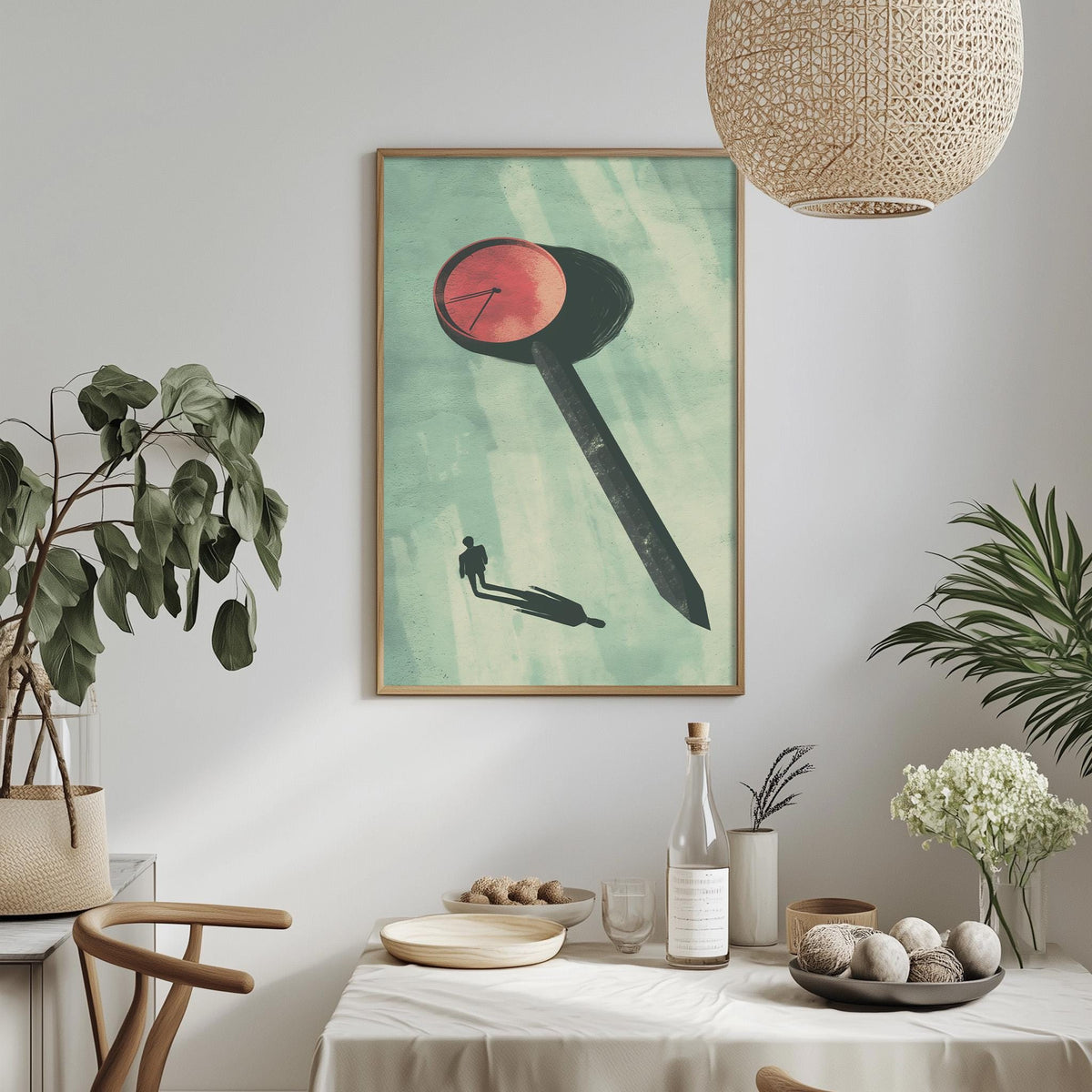 a dining table with a white tablecloth, a bowl of fruit, a bottle, and a vase with flowers. Above the table, there is a framed artwork depicting a man holding a magnifying glass with a red circle on it.