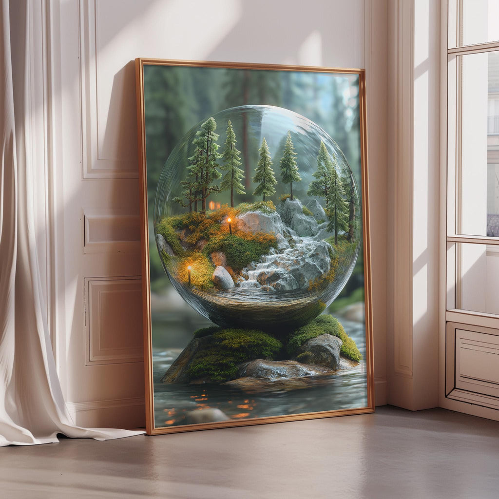 The image is a framed painting depicting a serene landscape with a glass ball containing a miniature forest scene, including trees, rocks, and a waterfall.