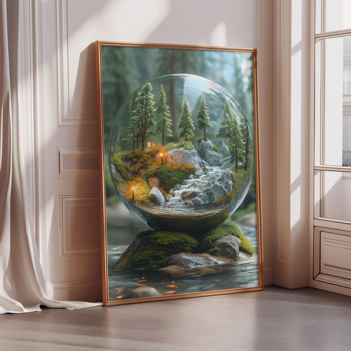 The image is a framed painting depicting a serene landscape with a glass ball containing a miniature forest scene, including trees, rocks, and a waterfall.