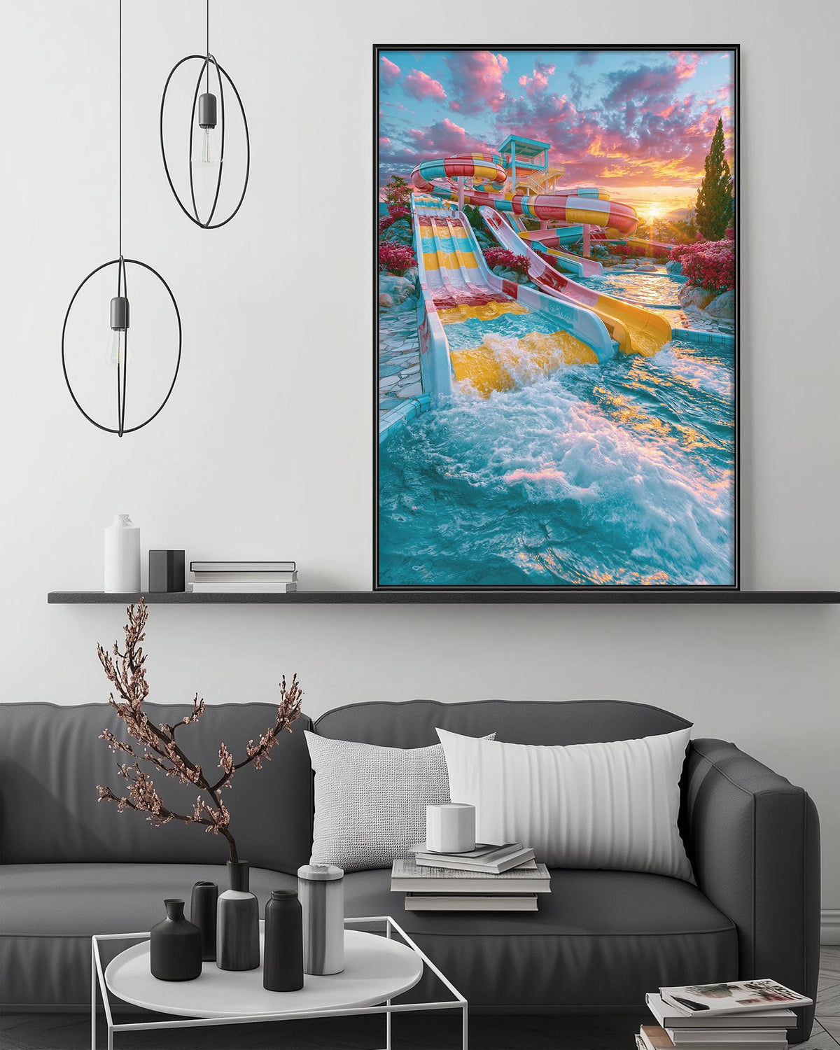 a large, colorful painting of a water park scene hanging on a wall above a gray couch with white pillows.