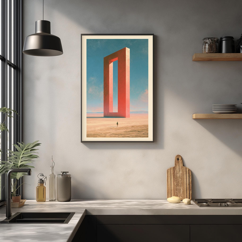 a modern kitchen with a large abstract painting hanging on the wall above a wooden cutting board and other kitchen items.
