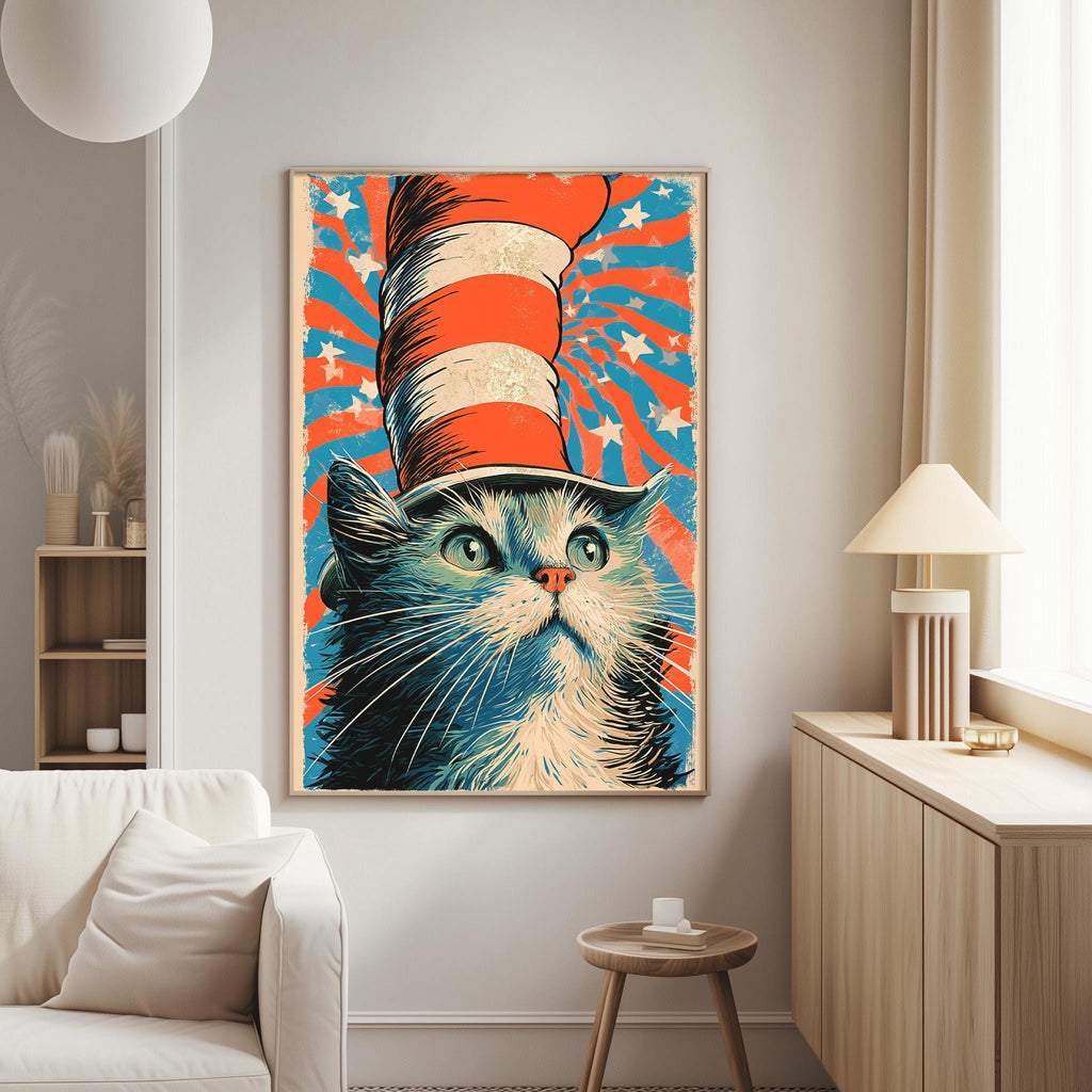 a large, colorful poster of a cat wearing a red, white, and blue striped hat, with a starburst background.