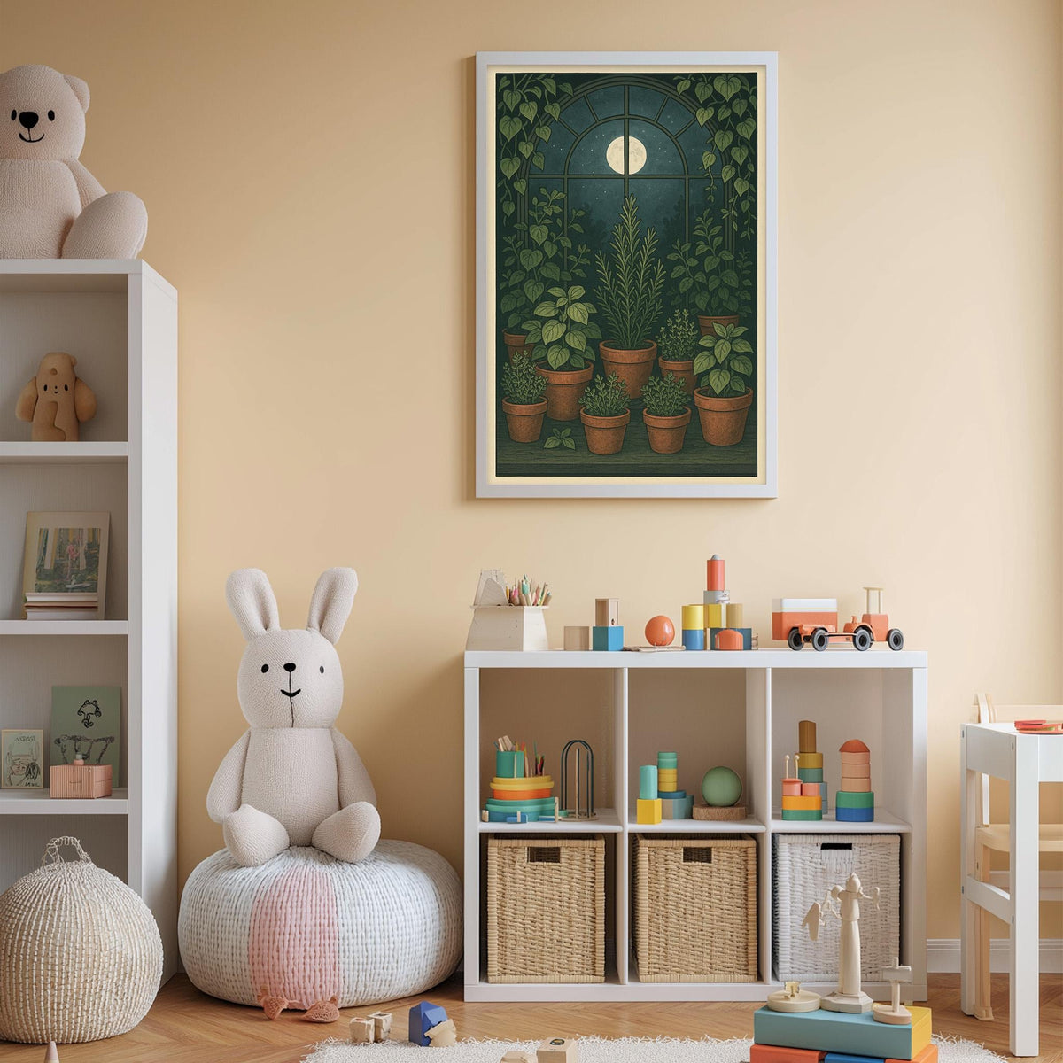 A cozy children's room with a large stuffed rabbit, a bookshelf, a toy chest, and a framed picture of a garden with potted plants.