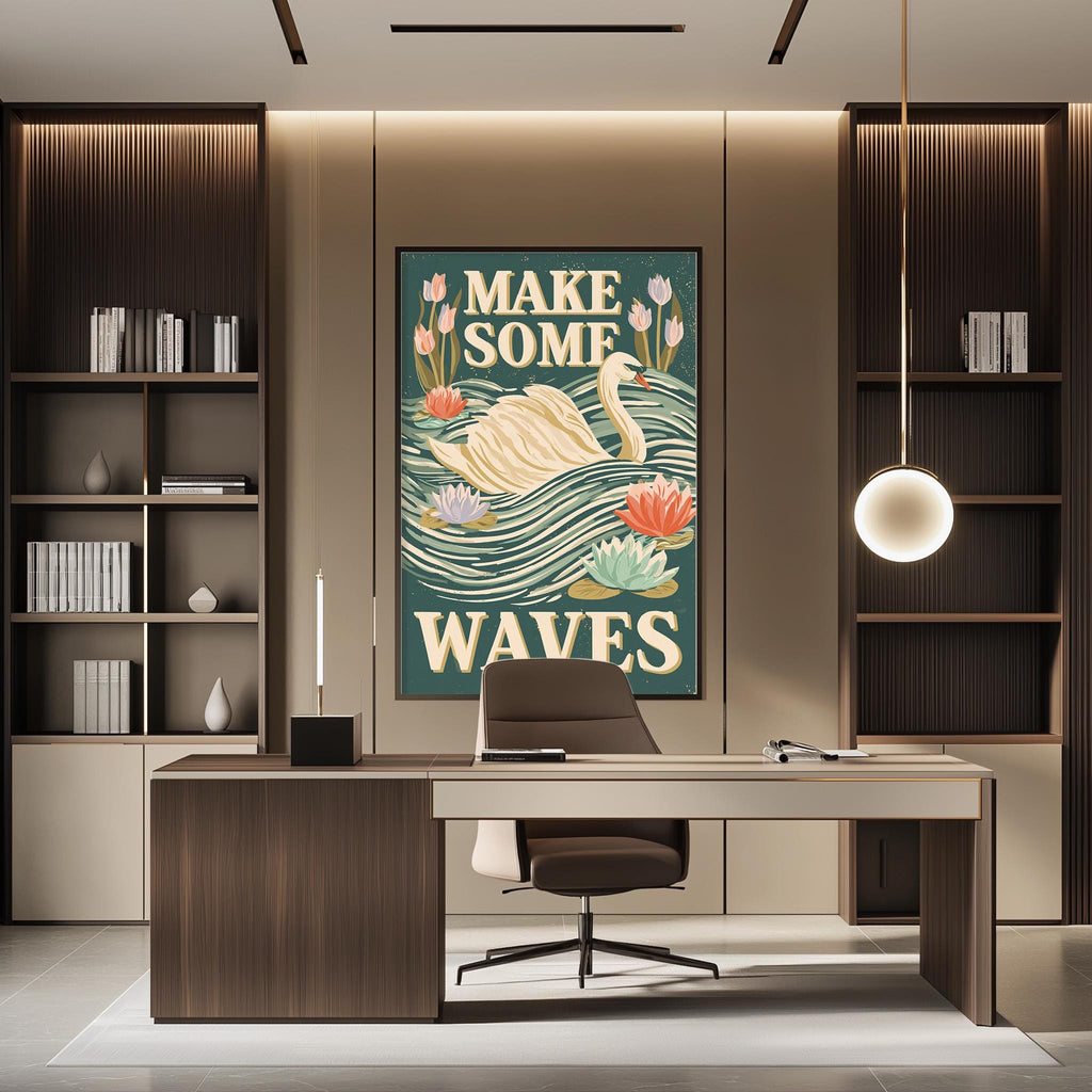 a modern office space with a large framed poster on the wall that says "MAKE SOME WAVE". The office has a wooden desk, a chair, and a bookshelf filled with books. The overall design and decor create a professional and stylish atmosphere.