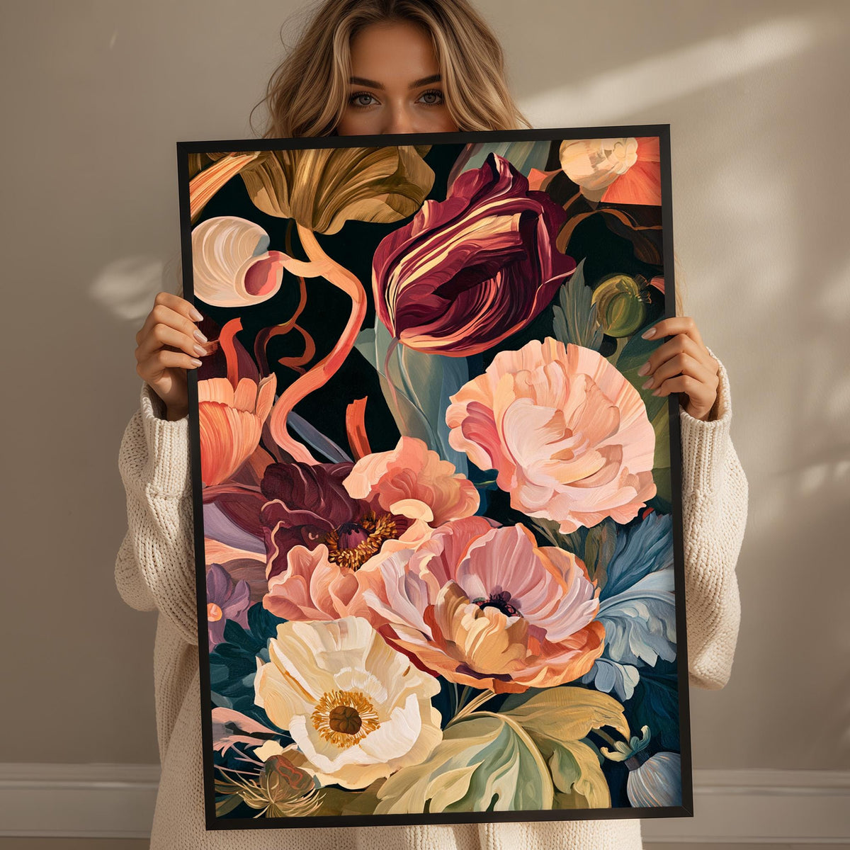 A woman holds up a framed painting of a vibrant floral arrangement, featuring a variety of colorful flowers and leaves.