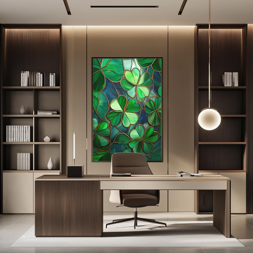 a modern and stylish office space with a large framed artwork featuring green leaves on the wall behind a wooden desk. The desk is positioned in front of the artwork, creating a focal point in the room. The office also includes built-in bookshelves and a pendant light, contributing to the overall contemporary design.