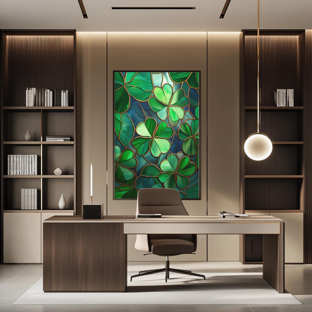 a modern and stylish office space with a large framed artwork featuring green leaves on the wall behind a wooden desk. The desk is positioned in front of the artwork, creating a focal point in the room. The office also includes built-in bookshelves and a pendant light, contributing to the overall contemporary design.
