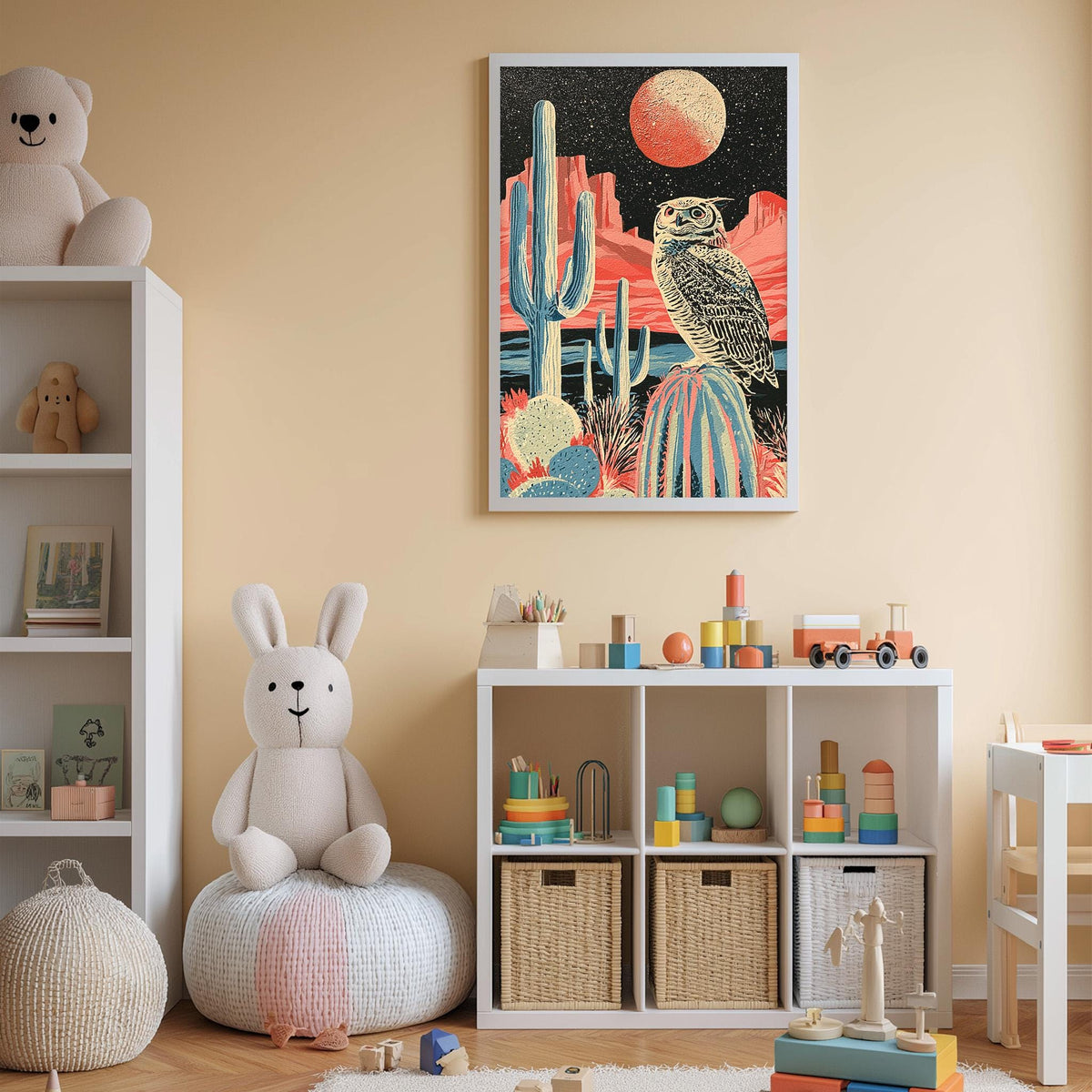 A child's bedroom with a large stuffed rabbit, a bookshelf, and a colorful poster of a desert landscape with an owl.