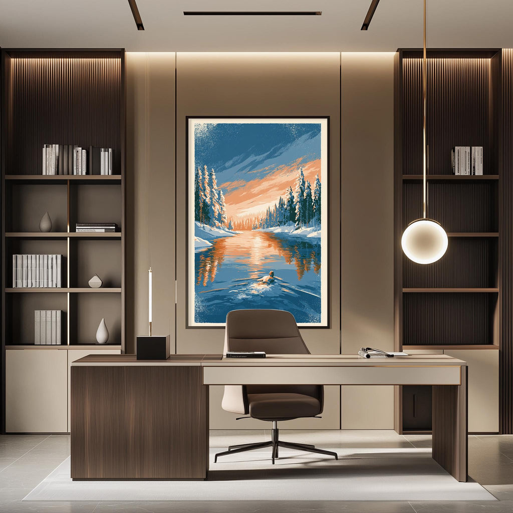 a modern office space with a large framed landscape painting hanging on the wall, depicting a serene winter scene with a river and trees. The office features a wooden desk with a chair, and a bookshelf filled with books and decorative items. The overall design and decor create a calm and professional atmosphere.