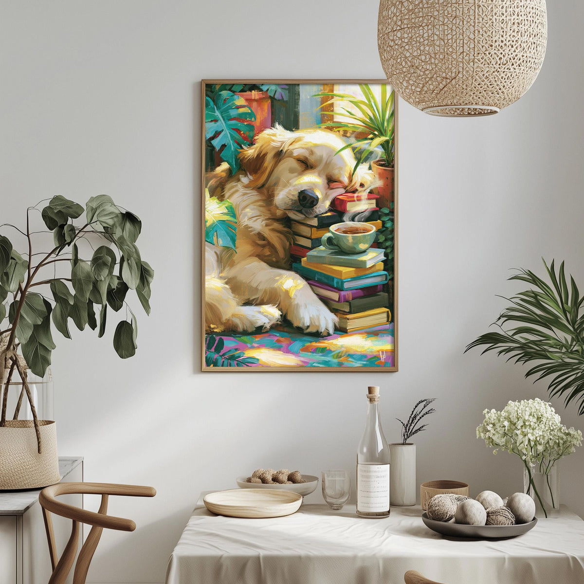 a cozy and inviting living space with a large painting of a golden retriever dog resting on a stack of books, surrounded by various plants and decorative items.