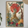 a framed painting of a tiger surrounded by a lush, tropical landscape, including a red sun, bamboo, and flowers. The painting is hung on a wall above a dining table with various decorative items and plants.