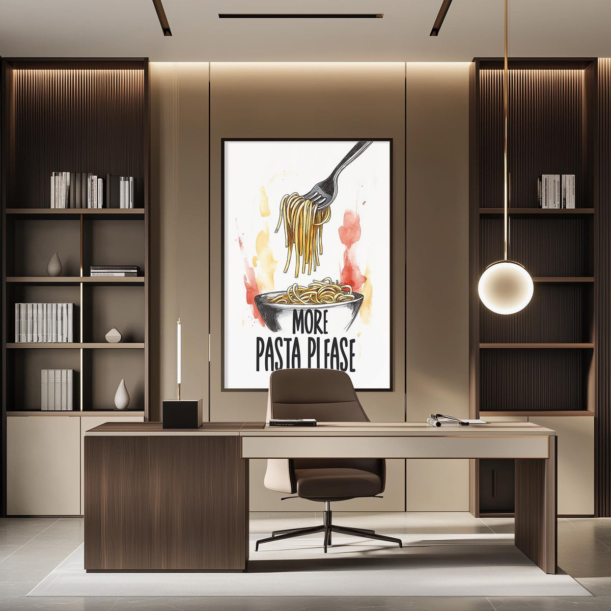 a modern office space with a large framed poster of spaghetti and meatballs on the wall, a desk with a chair, and a bookshelf filled with books.