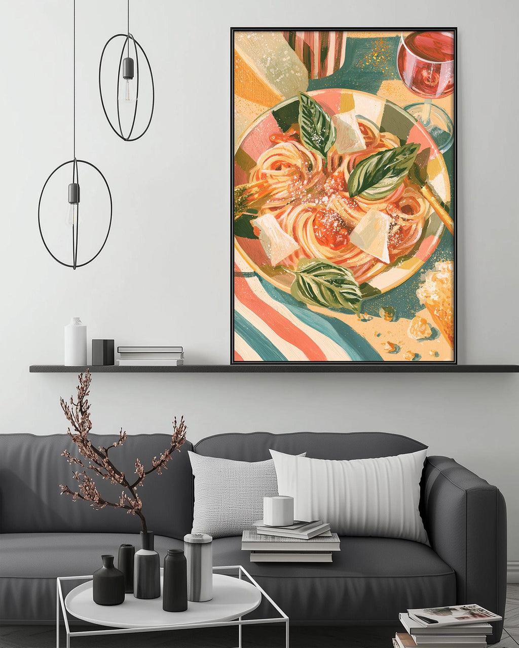 a modern living room with a gray sofa, a coffee table, and a large abstract painting hanging on the wall above the sofa.