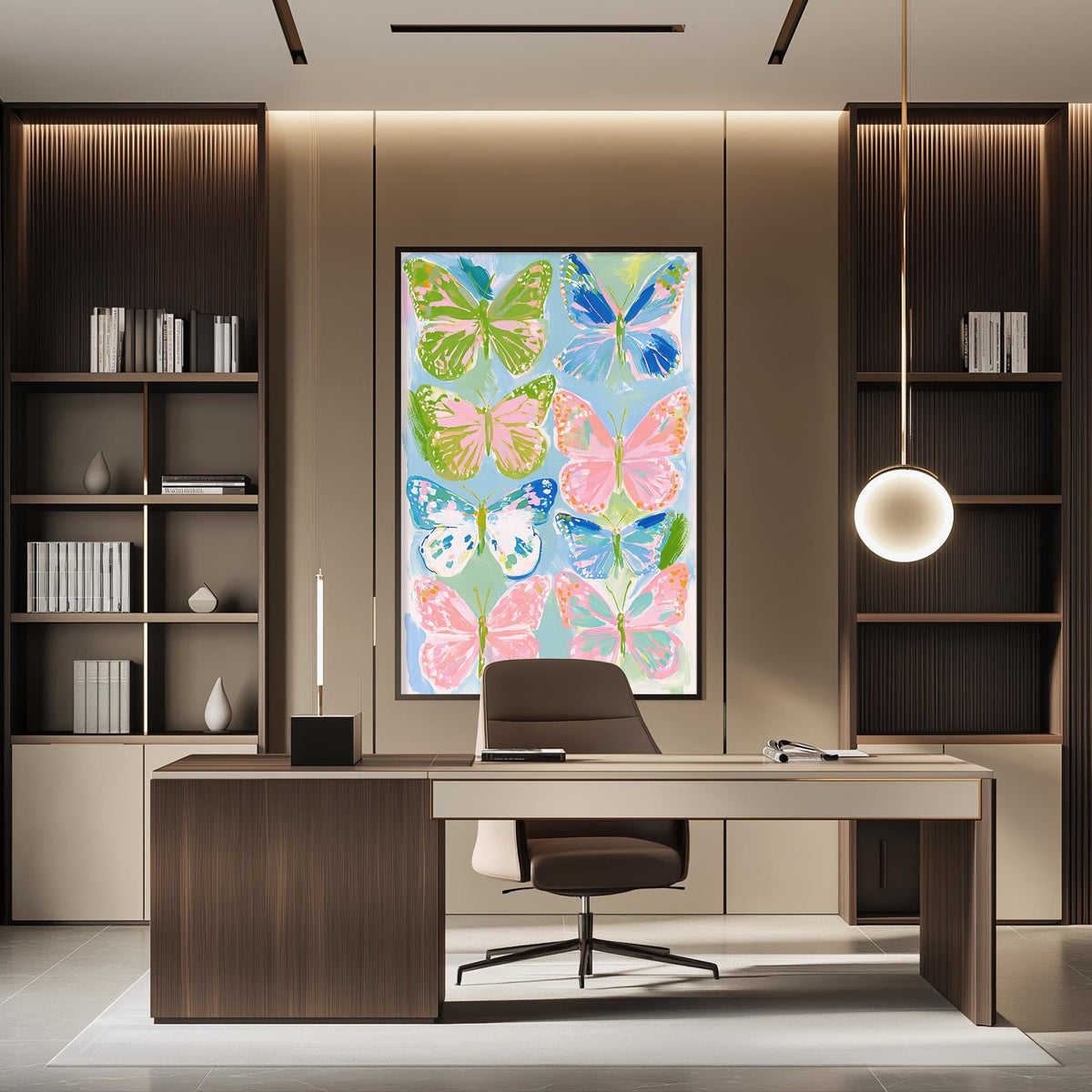 a modern and stylish office space with a large, colorful butterfly painting on the wall behind a desk. The desk is positioned in front of the painting, creating a focal point in the room. The office also features built-in bookshelves and a pendant light, contributing to the overall contemporary design.