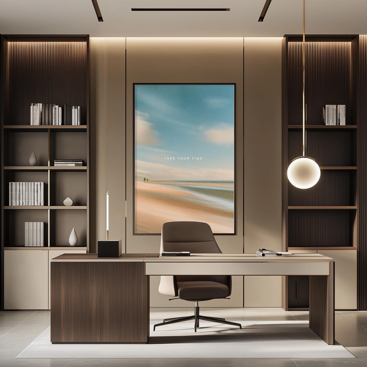 a modern and well-lit office space with a large framed picture of a beach scene on the wall, a wooden desk with a chair, and built-in bookshelves.