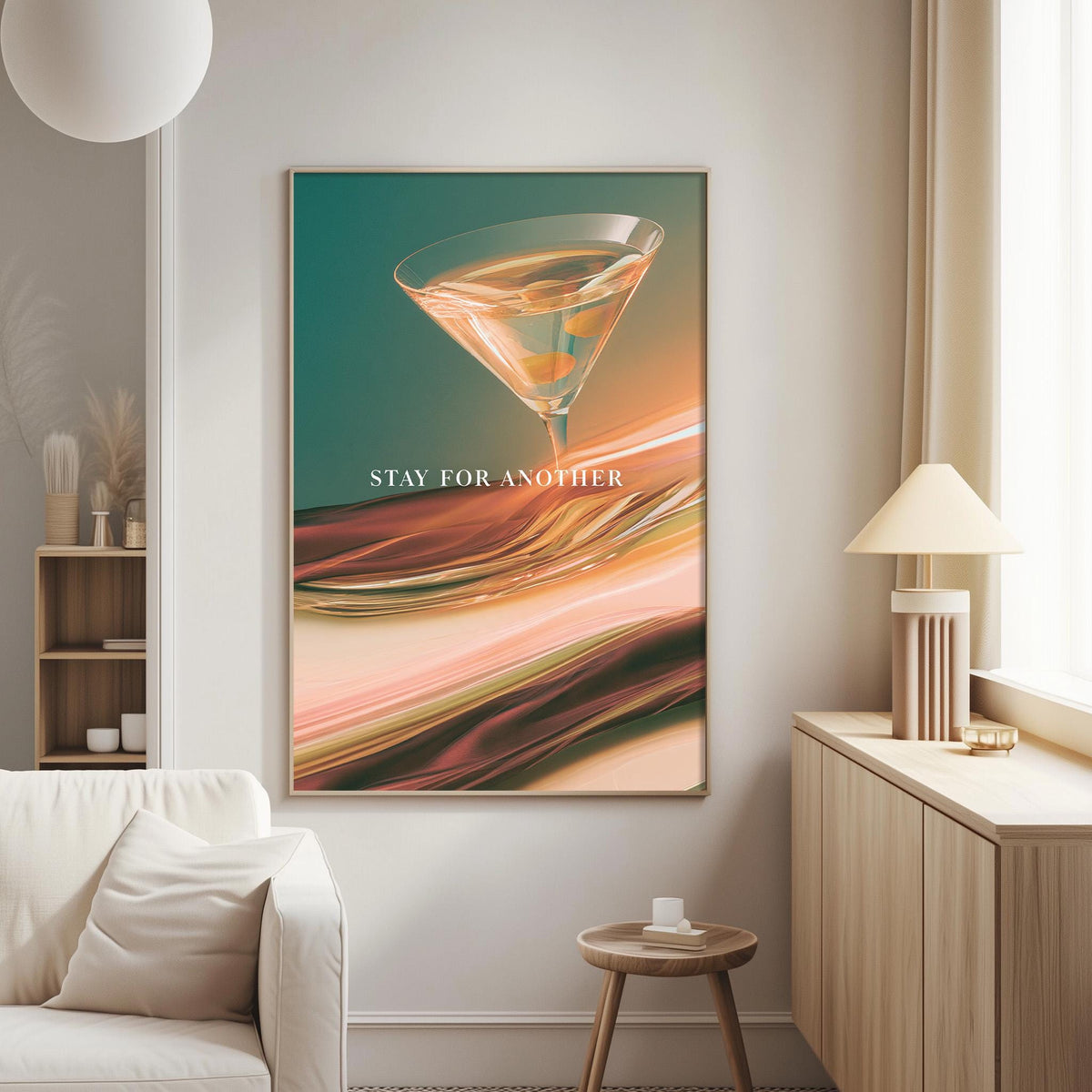 a large abstract painting of a martini glass on a wall in a living room.
