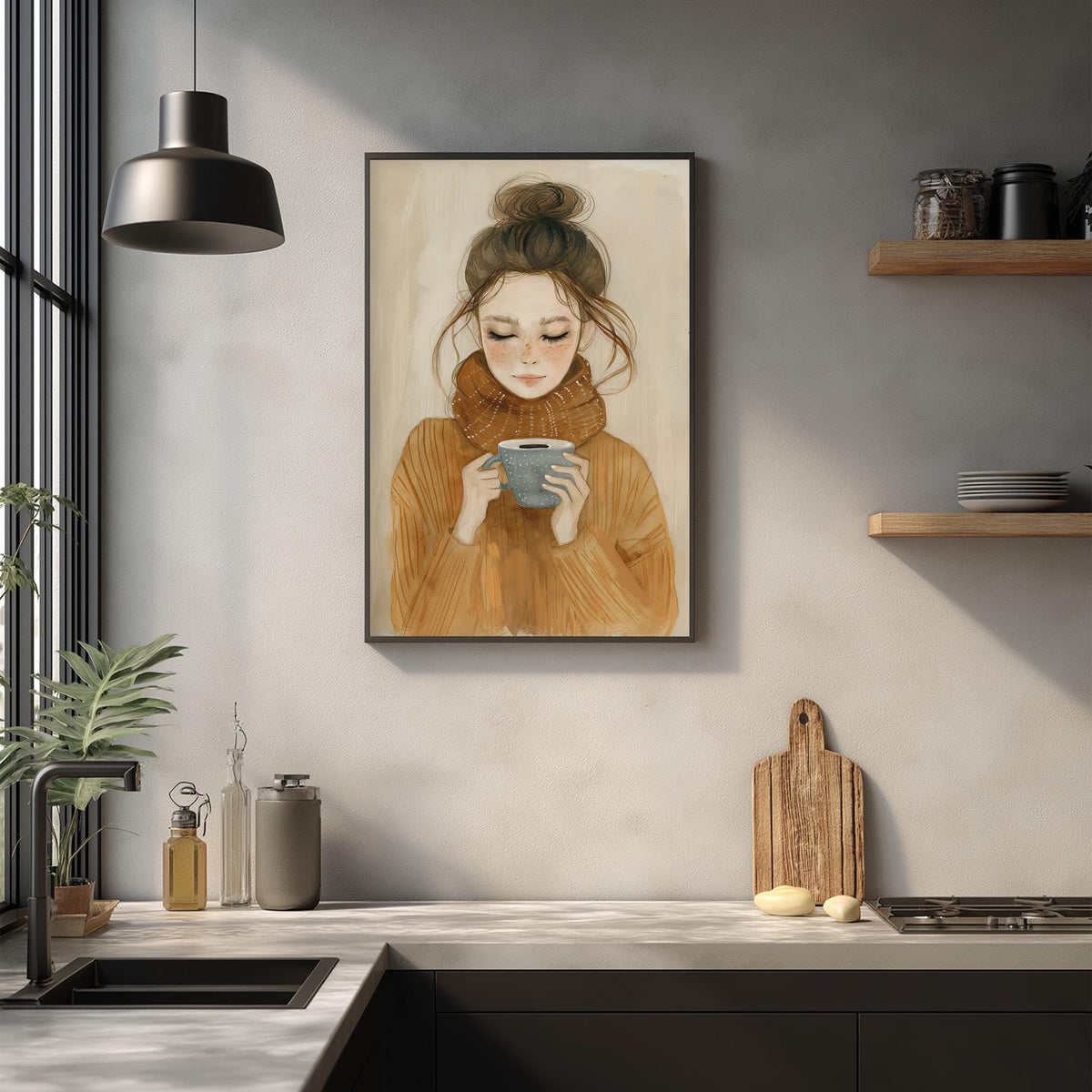 a framed painting of a woman holding a cup, hanging on a wall above a kitchen counter with various kitchen items and decor.