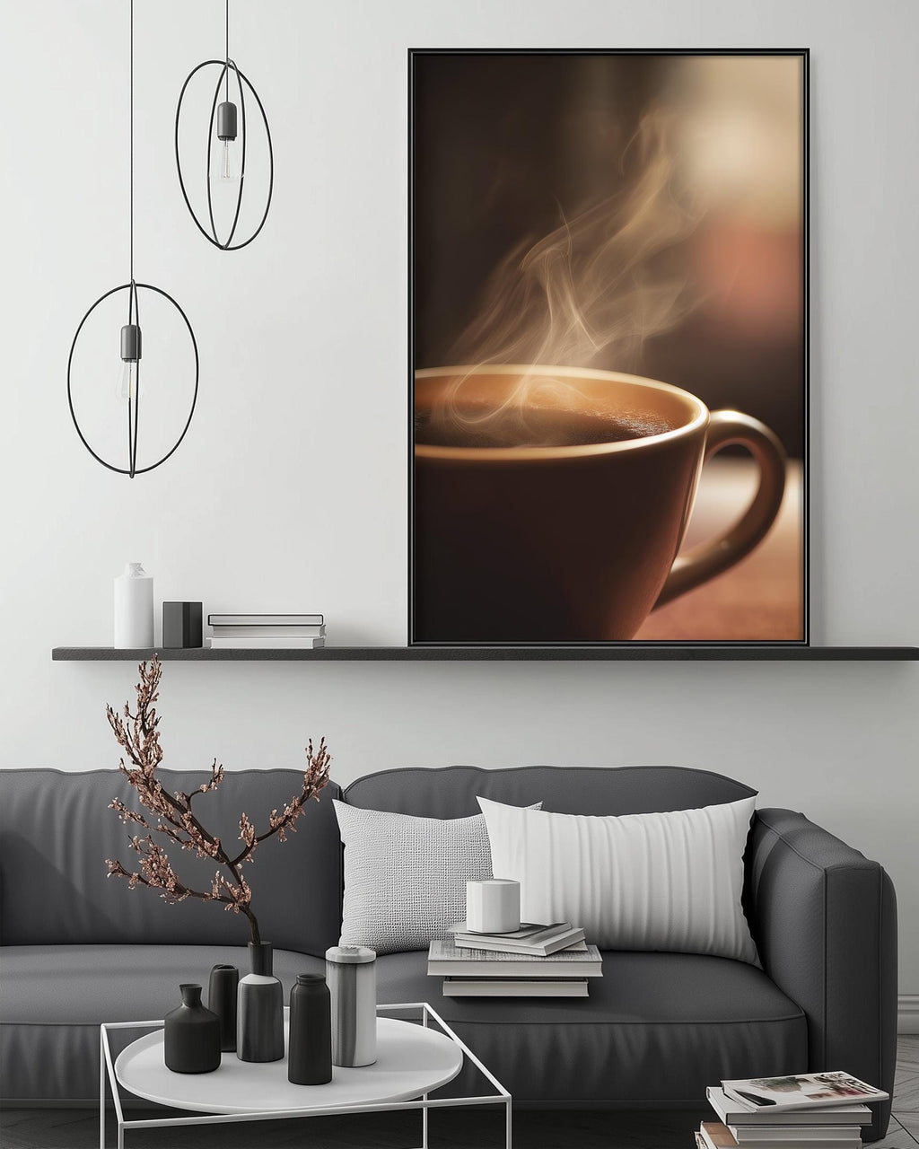 a cozy living room with a gray sofa, a coffee table, and a large framed picture of a steaming cup of coffee hanging on the wall above the sofa.