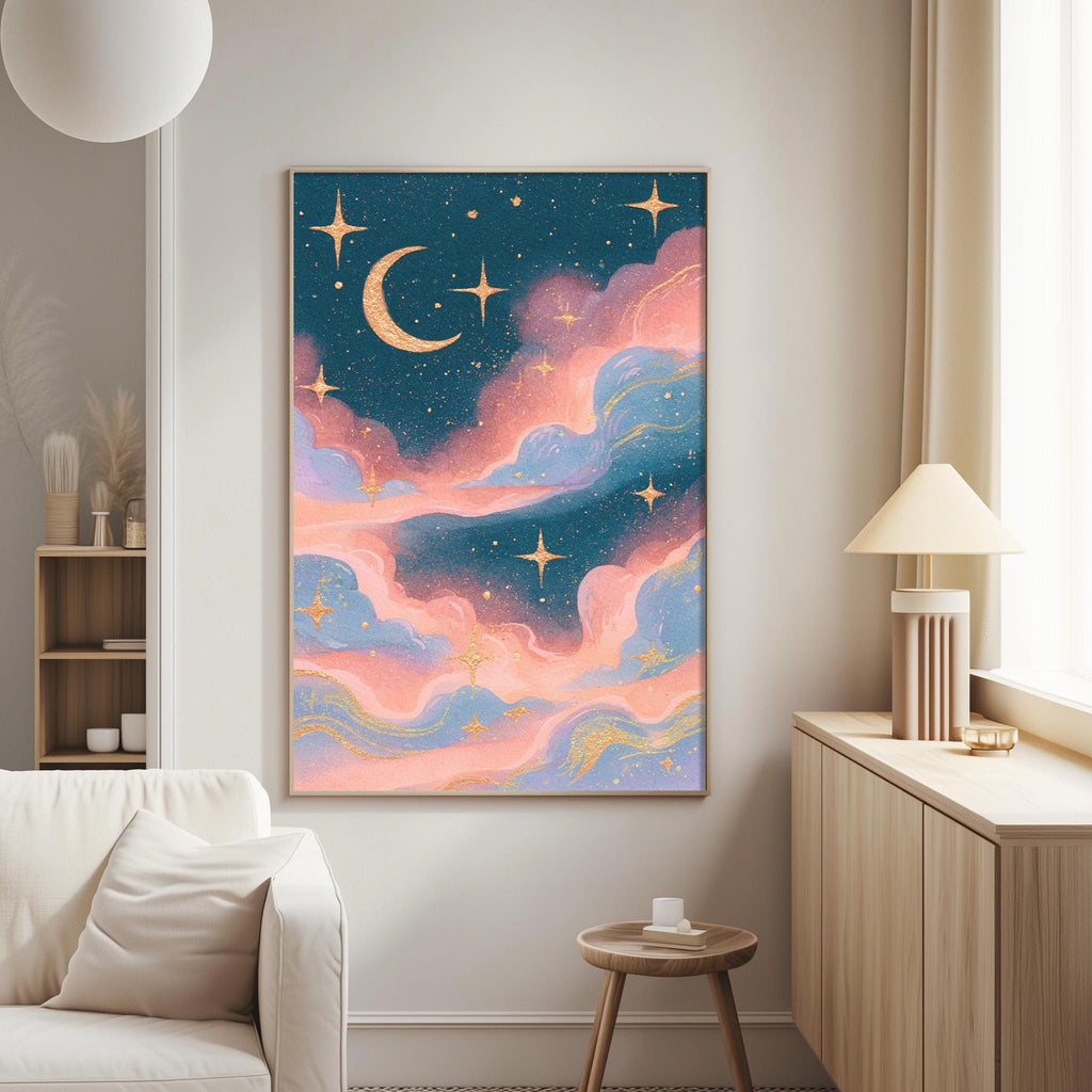 a large, colorful painting of a night sky with stars and a crescent moon, hanging on a wall in a living room.