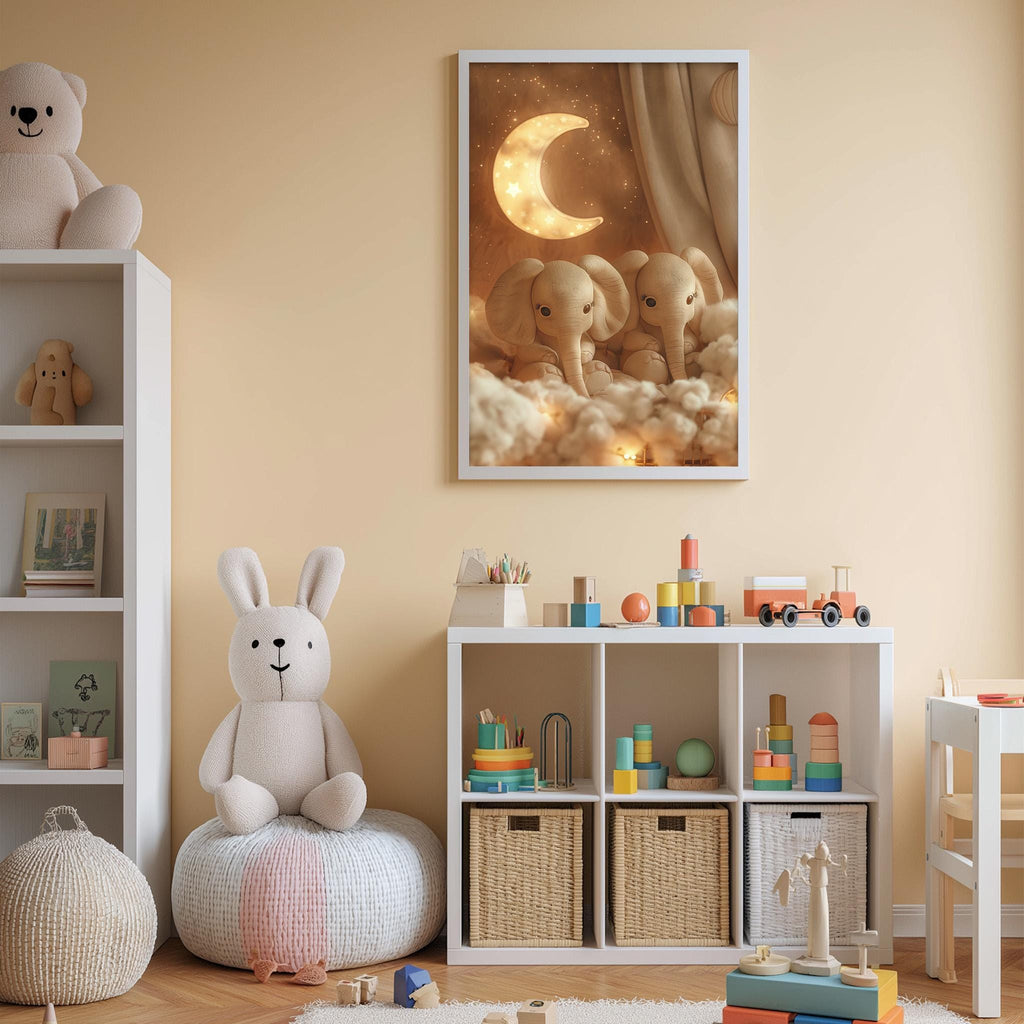 A cozy and colorful children's bedroom with a large stuffed bunny, a bookshelf, and a toy chest filled with toys. The room has a warm and inviting atmosphere, with a framed picture of two elephants and a crescent moon hanging on the wall.