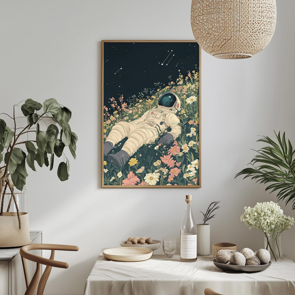 a framed illustration of an astronaut lying in a field of flowers, with a starry night sky in the background.