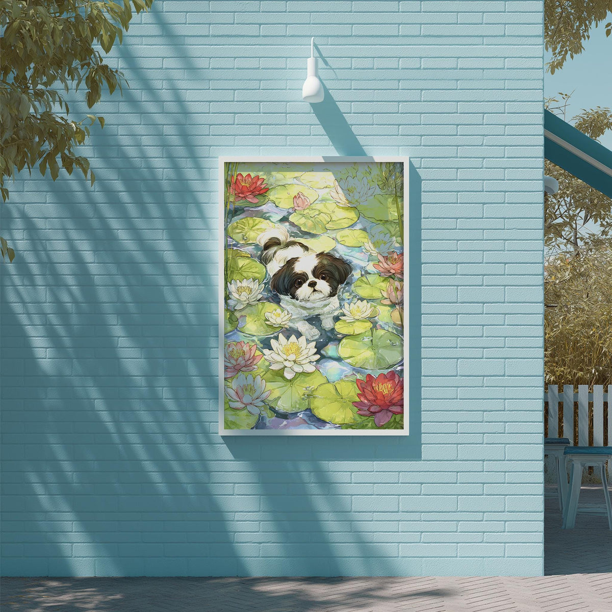 A framed painting of a dog swimming in a pond filled with lily pads and flowers is hanging on a light blue wall.