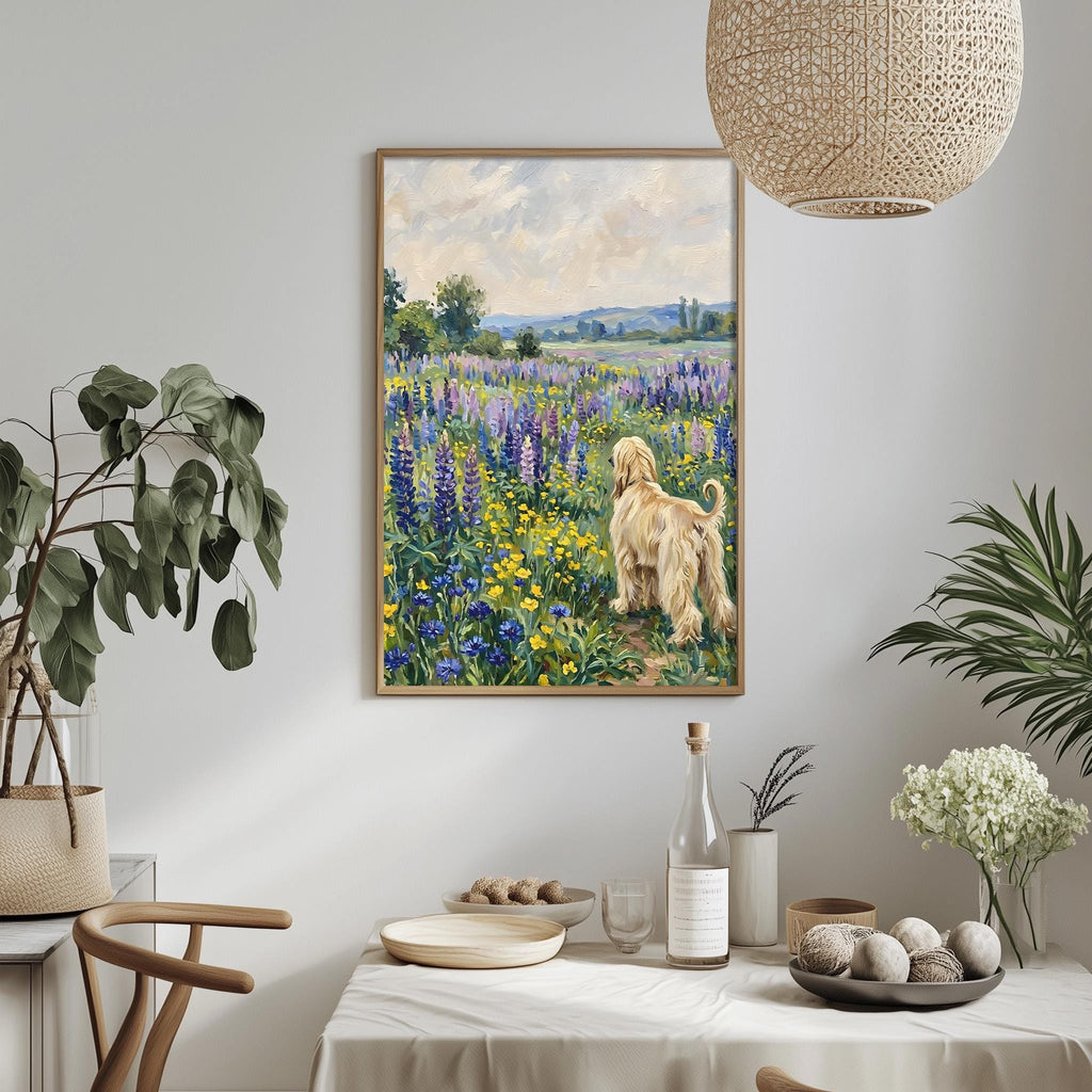 a painting of a golden retriever dog standing in a field of flowers, with a serene landscape in the background.