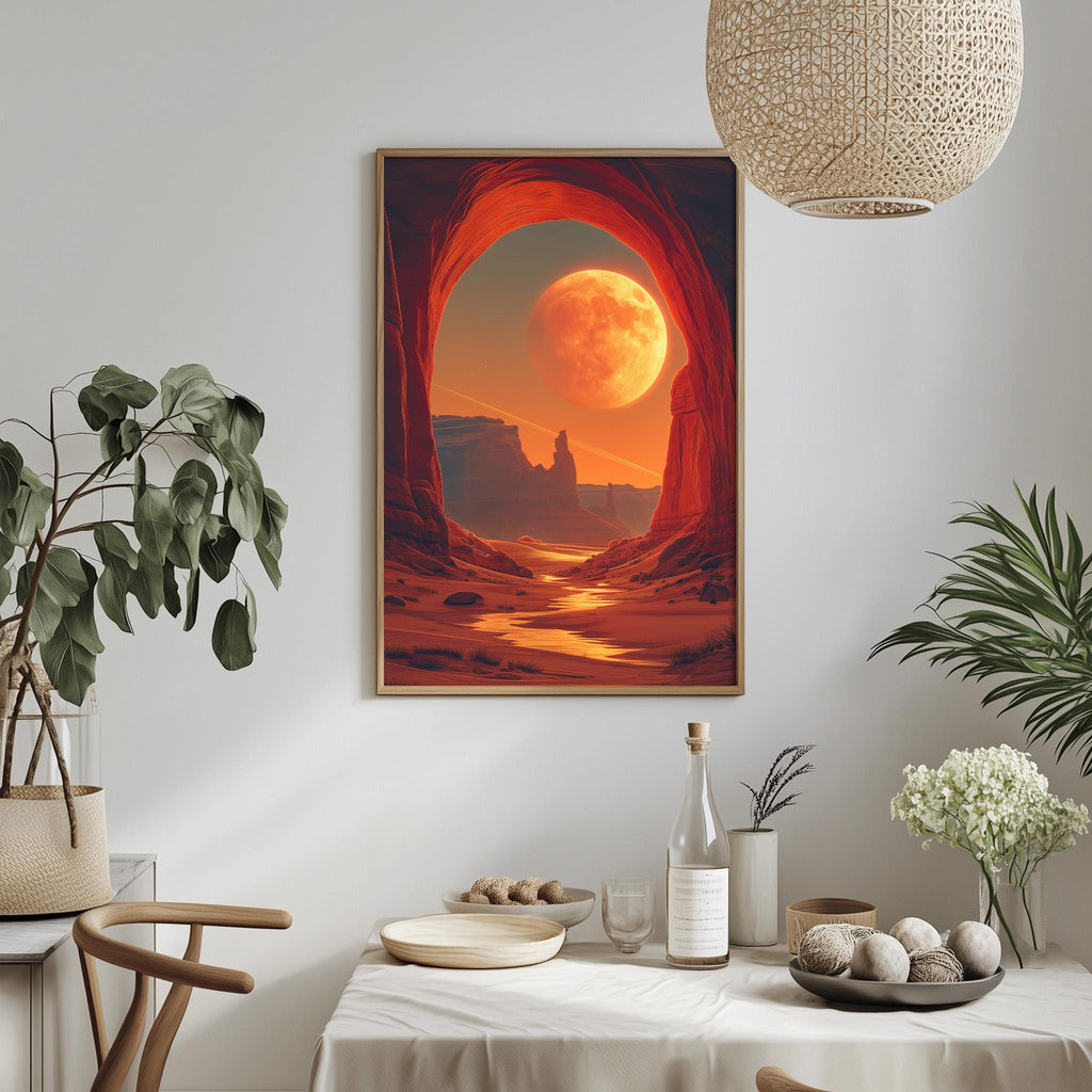 a framed painting of a desert landscape with a large orange moon in the sky, hanging on a wall above a dining table with various decorative items and plants.