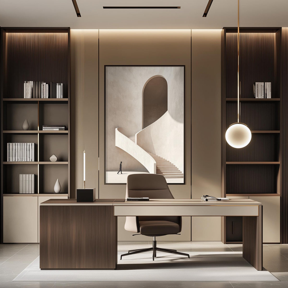 a modern and minimalist office space with a large wooden desk, a comfortable-looking chair, and a large framed artwork of a staircase on the wall.