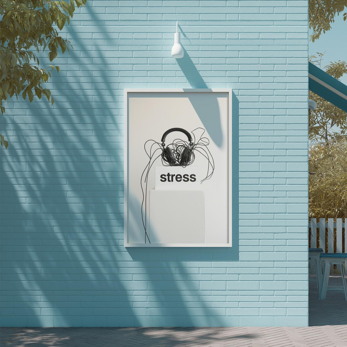 a framed poster with the word "stress" on it, mounted on a blue brick wall.