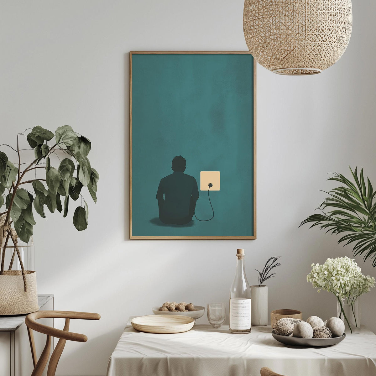 a minimalist dining room with a table set for two, a potted plant, a hanging light fixture, and a framed artwork depicting a silhouette of a person sitting.