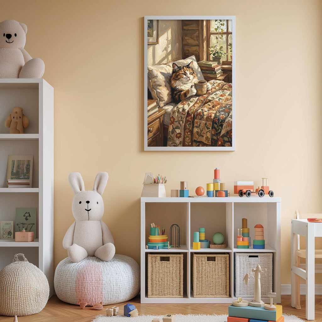A cozy children's bedroom with a large stuffed rabbit, a bookshelf, and a colorful toy box. A framed painting of a cat resting on a bed is displayed on the wall, and the room is decorated with various toys and stuffed animals.