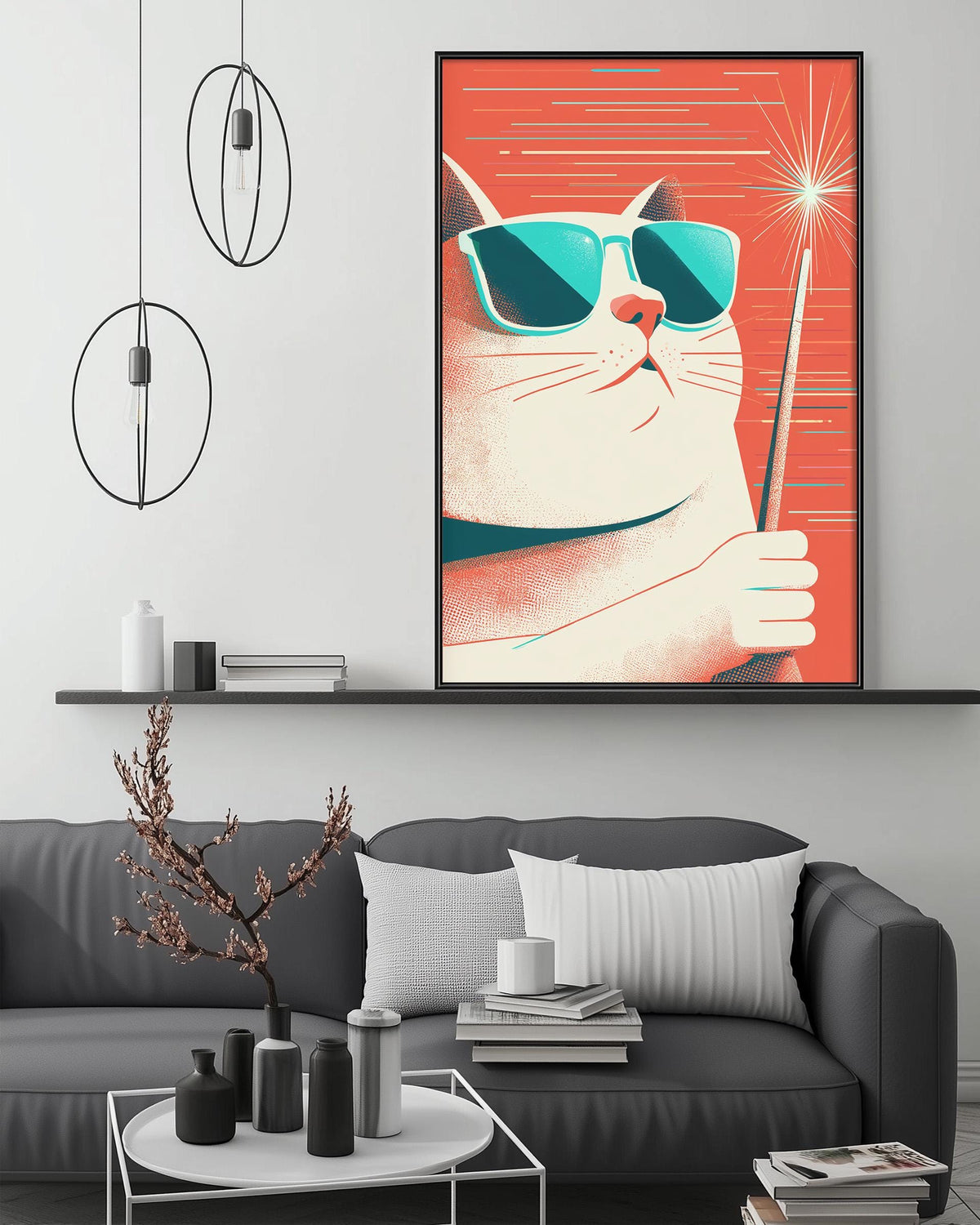 a large, colorful poster of a cat wearing sunglasses and holding a wand, hanging on a wall above a gray couch in a modern living room setting.
