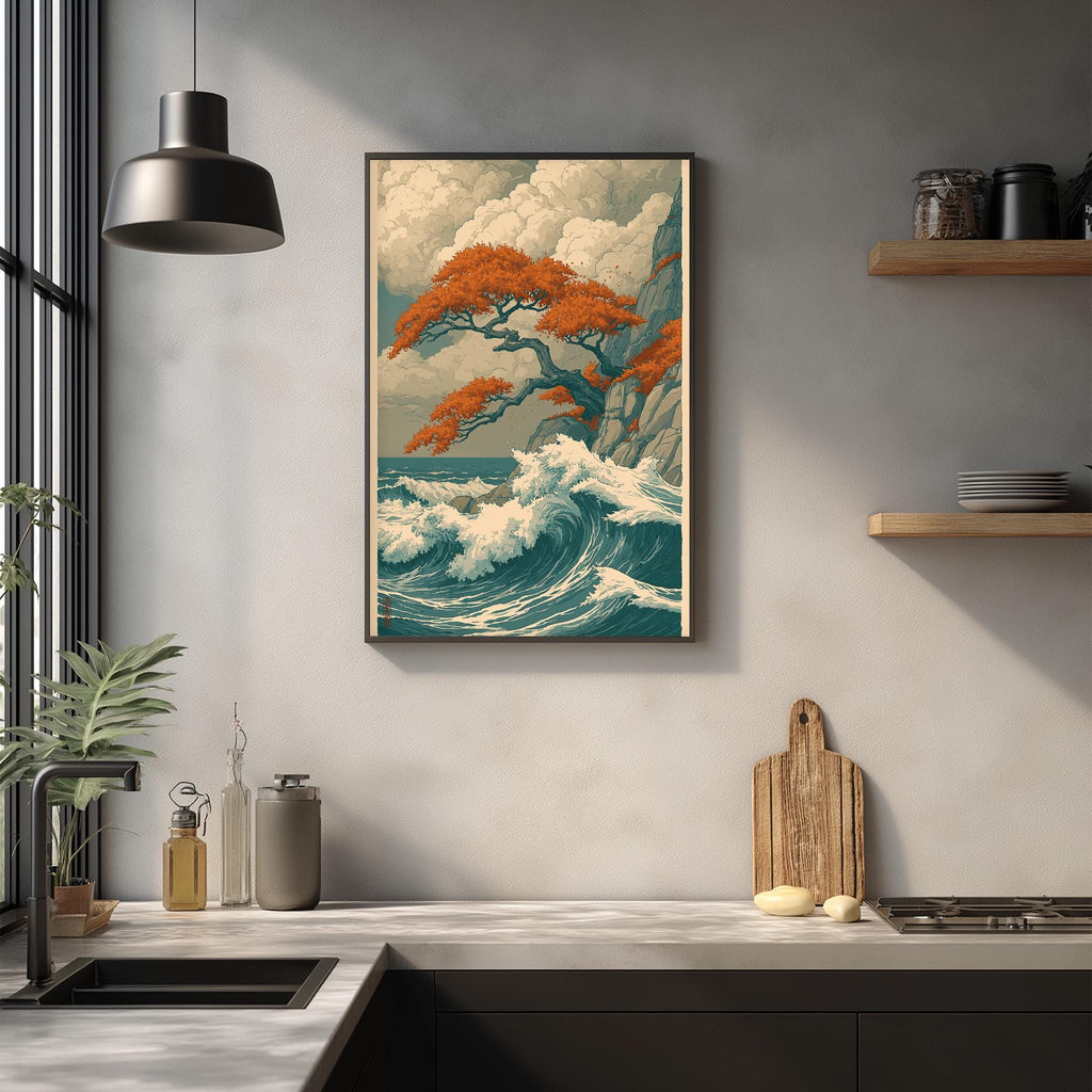a kitchen counter with a framed painting of a tree with orange leaves hanging above it. The painting depicts a serene landscape with a large tree and a crashing wave. The kitchen counter has various items on it, including a cutting board, a bottle, and a vase. The overall scene is minimalist and modern, with a focus on the natural elements and the use of neutral colors.