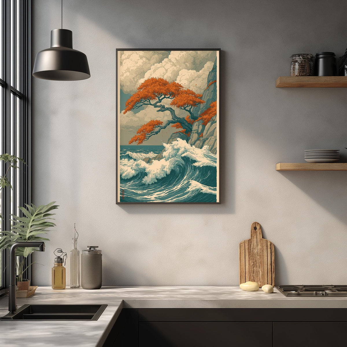 a kitchen counter with a framed painting of a tree with orange leaves hanging above it. The painting depicts a serene landscape with a large tree and a crashing wave. The kitchen counter has various items on it, including a cutting board, a bottle, and a vase. The overall scene is minimalist and modern, with a focus on the natural elements and the use of neutral colors.